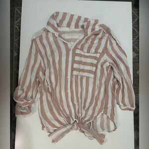 Striped Tie-Front Button-Up Blouse - White & Dusty Rose